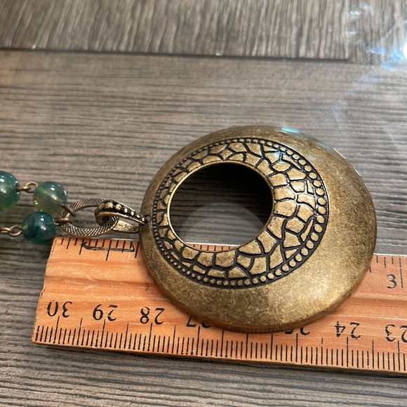 Vintage Avon Brown Wood & Acrylic Green Beaded Necklace with Round Medallion - Picture 9 of 15